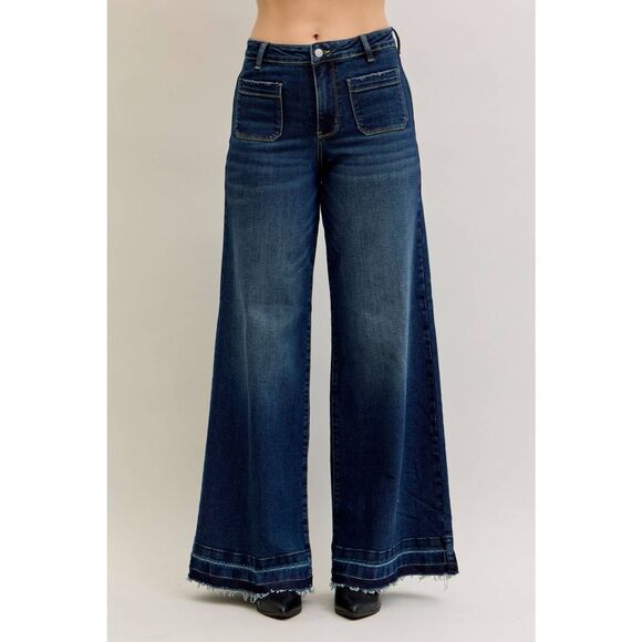 Judy Blue High Waist Palazzo Widest Leg Jeans &  Front Patch Pockets 28" [size 7 - Picture 1 of 7